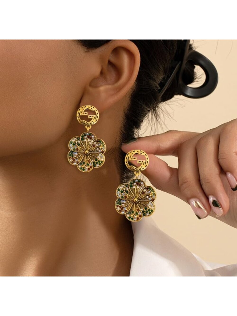 Chic Vintage Floral Dangle Earrings for Women - Gold Plated Fashion Jewelry - Picture 2 of 6